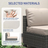 6 Piece Outdoor Patio Furniture Set with Coffee Table, Rattan Deck Conversation Sofa Set, All-Weather Sectional Rattan Sofa with Glass Top Coffee Table, Poolside, Garden, Porch, Grey + Beige GAOMON