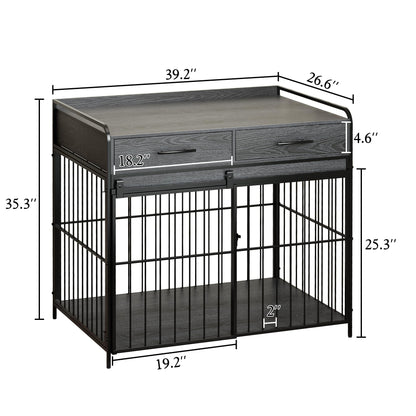 PUPETPO Large Dog Crate Furniture, Indoor Dog Kennel with Storage Drawers, Double Doors Dog Crate End Table Large, Heavy Duty Dog Crate, Decorative Pet Crate Dog Cages for Large Dogs, Grey - WoodArtSupply