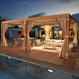 YOLENY 12 x 20 FT Louvered Pergola, Wood Grain Pergola with Adjustable Aluminum Waterproof Roof, Sun Shade Shelter with Netting and Curtains for YOLENY