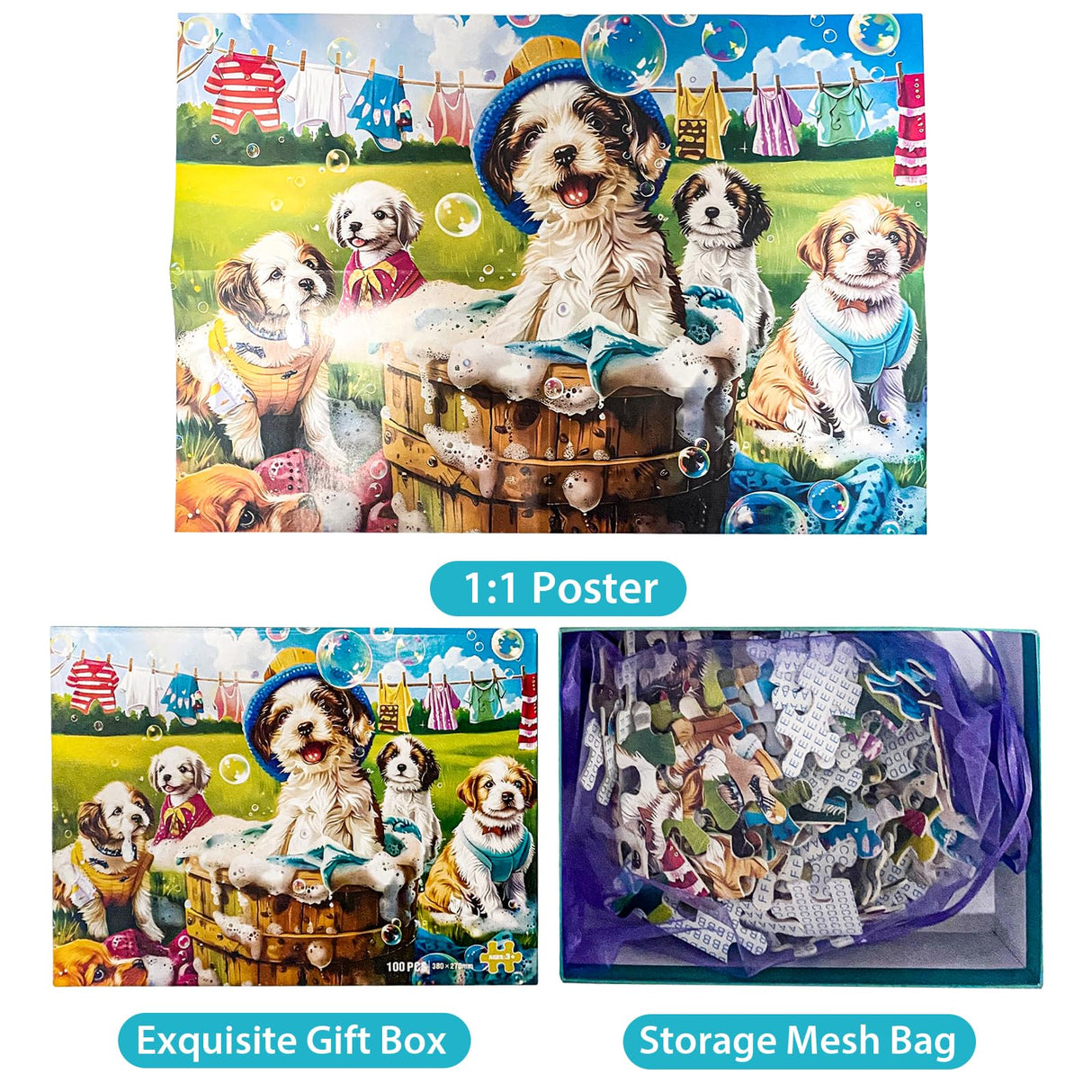 100 Piece Puzzles for Kids Ages 4-6 6-8 8-10 Year Old - Puppies and Bubbles, 100 Pieces Jigsaw Puzzles for Kids, Children Learning Educational Toys Gift for Boys and Girls Jeacirio