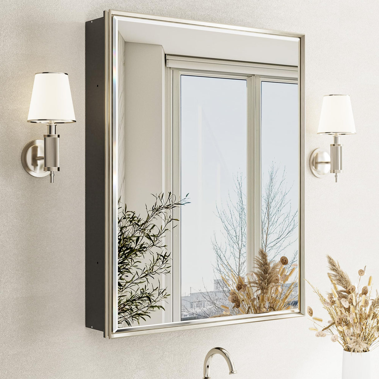 QueenFun 24''x 30'' Brushed Nickel Medicine Cabinet, Recessed or Surface Framed Medicine Cabinet with Beveled Mirror Pre-Assembled, Reversible Bathroom Storage Vanity Cabinet with Adjustable Shelves QueenFun