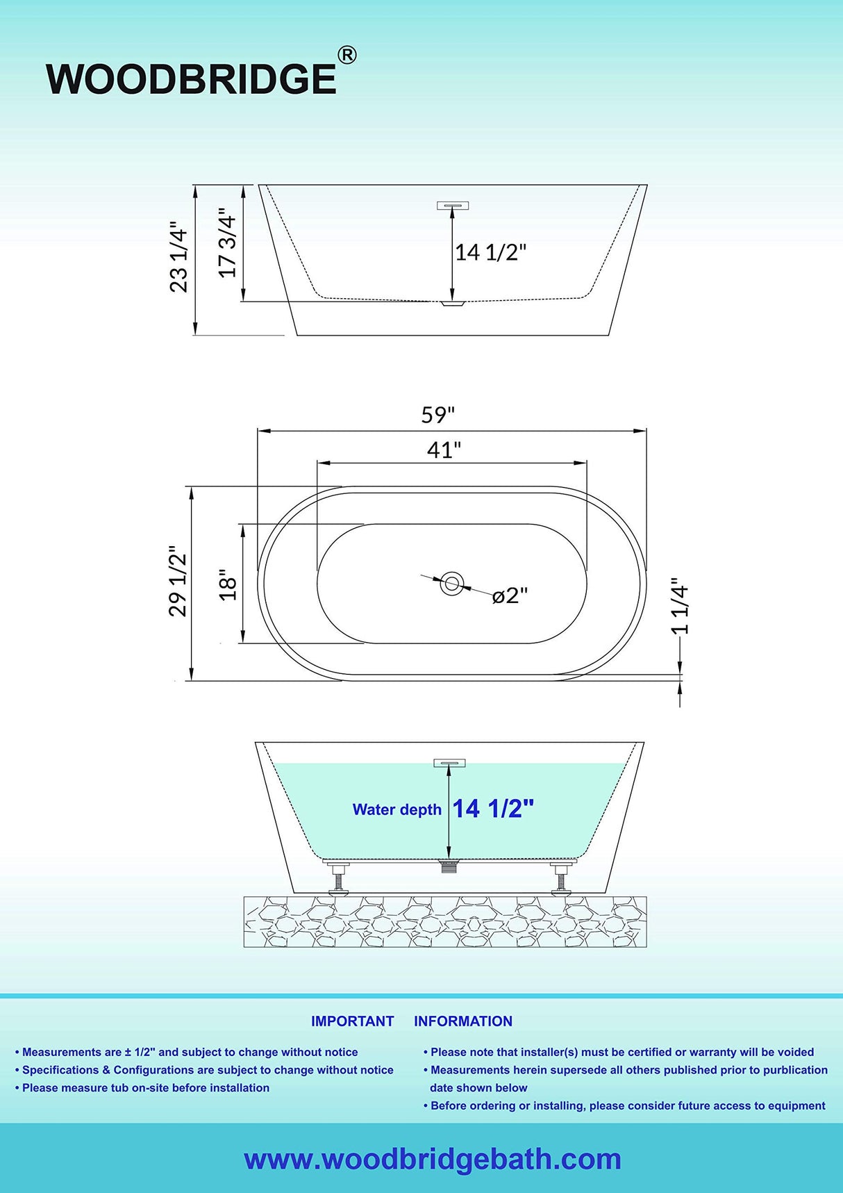 WOODBRIDGE 59" Acrylic Freestanding Bathtub Contemporary Soaking White Tub with Brushed Nickel Overflow and Drain,B0014 -B/N-Drain &O WOODBRIDGE