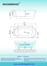 WOODBRIDGE 59" Acrylic Freestanding Bathtub Contemporary Soaking White Tub with Brushed Nickel Overflow and Drain,B0014 -B/N-Drain &O WOODBRIDGE