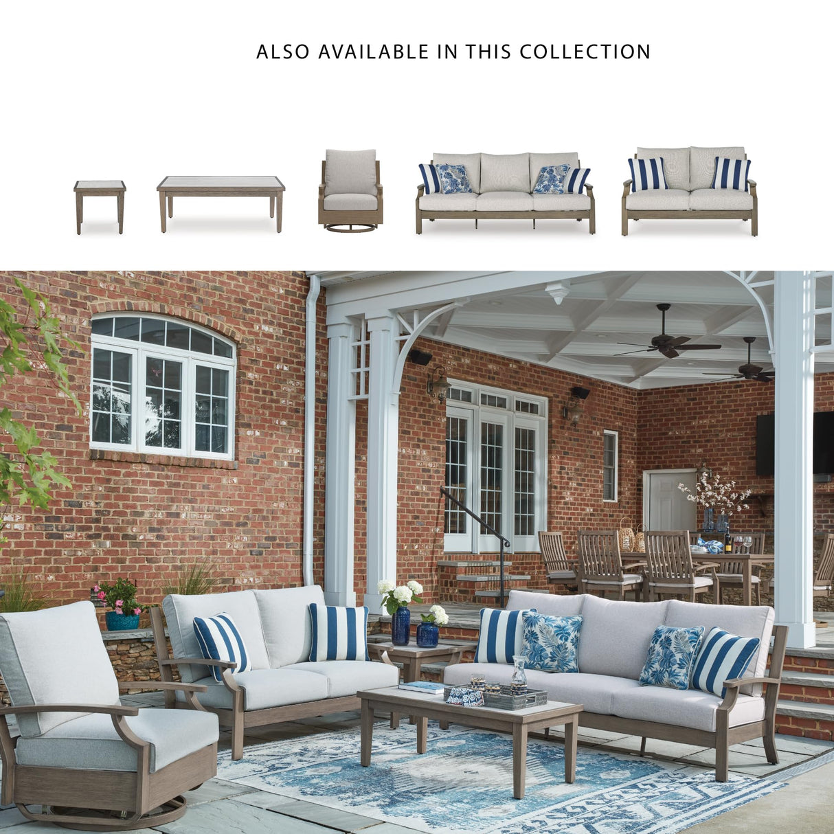 Signature Design by Ashley Rainier Ranch Casual Weather Resistant Outdoor Loveseat with Cushion and 2 Accent Pillows, Light Brown & Light Gray Signature Design by Ashley