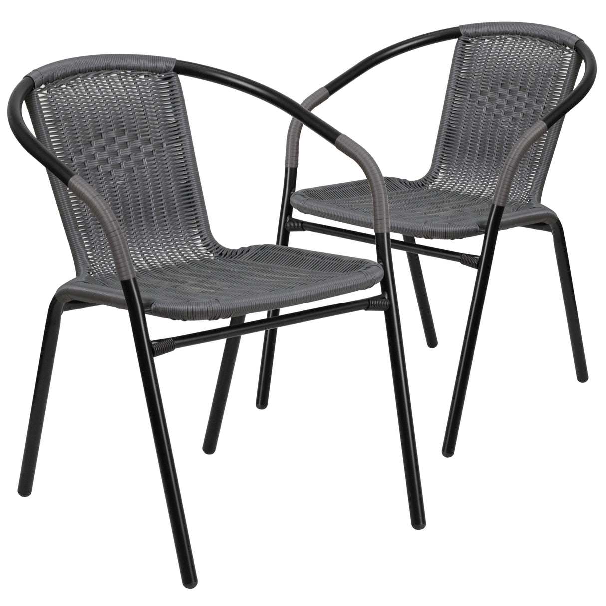 EMMA + OLIVER 2 Pack Gray Rattan Indoor-Outdoor Restaurant Stack Chair with Curved Back EMMA + OLIVER