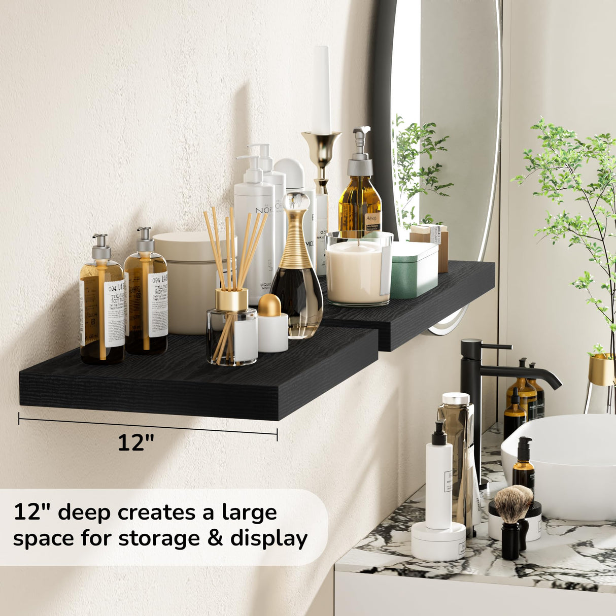 Fun Memories Floating Shelves - 2 Pack 12 Inch Deep Rustic Wooden Wall Shelves - Extra Deeper & Thicker Wall Mounted Storage Shelf for Kitchen, Farmhouse - 16" W x 12" D x 1.5" H - Rustic Black Fun Memories