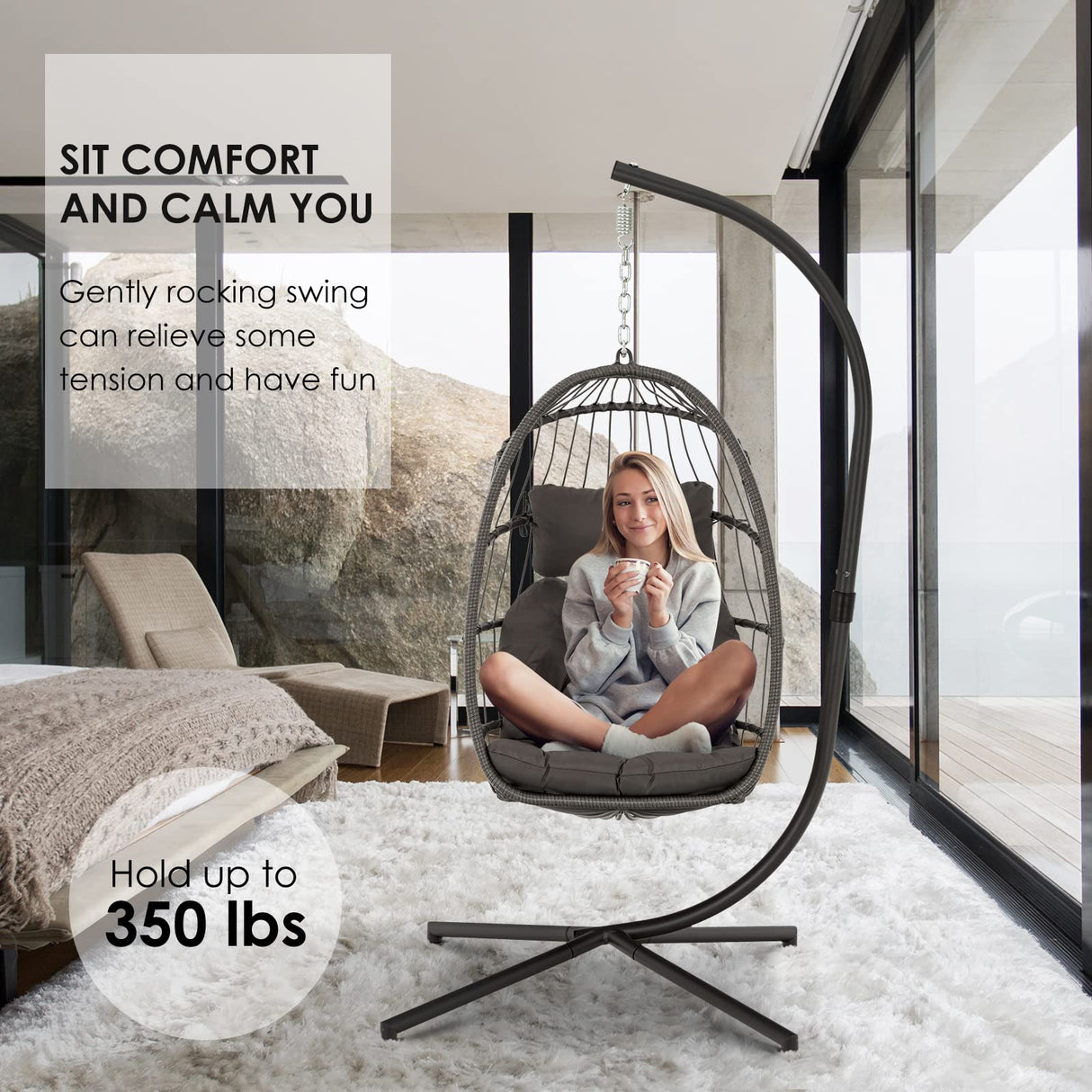 Brafab Swing Egg Chair, Hammock, Hanging Chair, Aluminum Frame and UV Resistant Cushion with Steel Stand, Indoor Outdoor Patio Porch Lounge Bedroom Hand Made Wicker Rattan, 350LBS Capacity Brafab