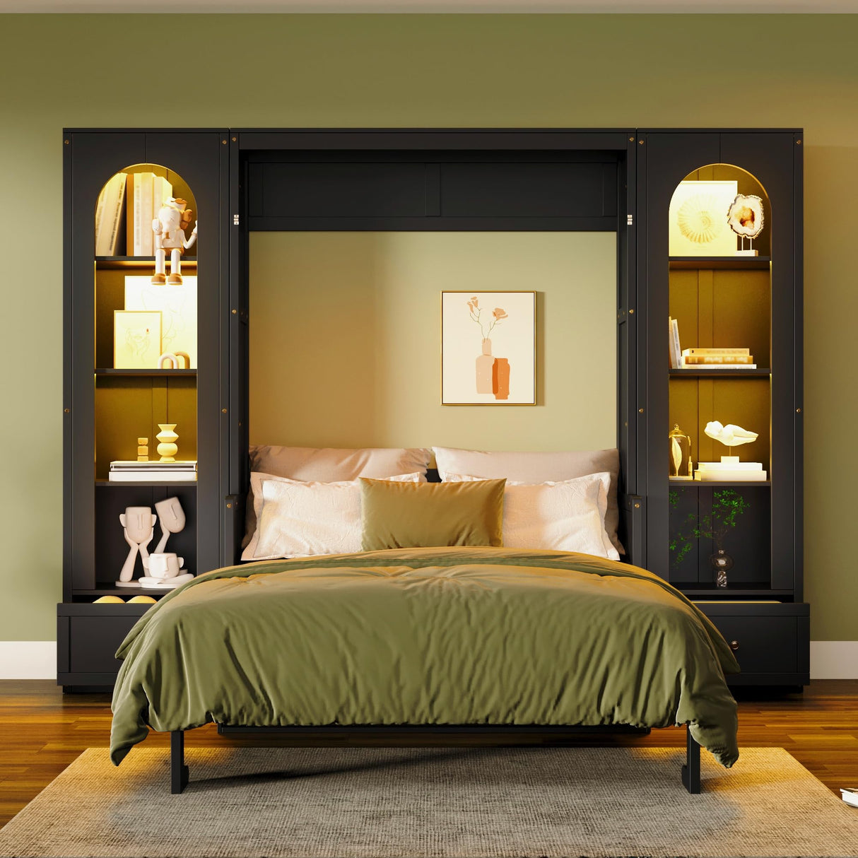 Queen Size Murphy Platform Bed with Shelf, Side Cabinets, Drawers and LED,for Small Spaces Studio Study Office Guest Room Use (Black/LED, Queen) Brabrety