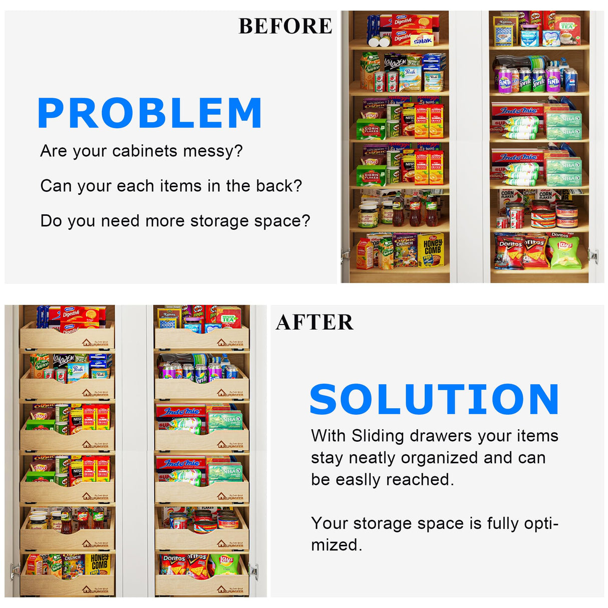 WelFurGeer Pull Out Drawers for Cabinets, Pull Out Cabinet Drawer, Slide Out Drawers for Kitchen Cabinets, Pull-Out Home Organizers, Cabinet Drawers WelFurGeer