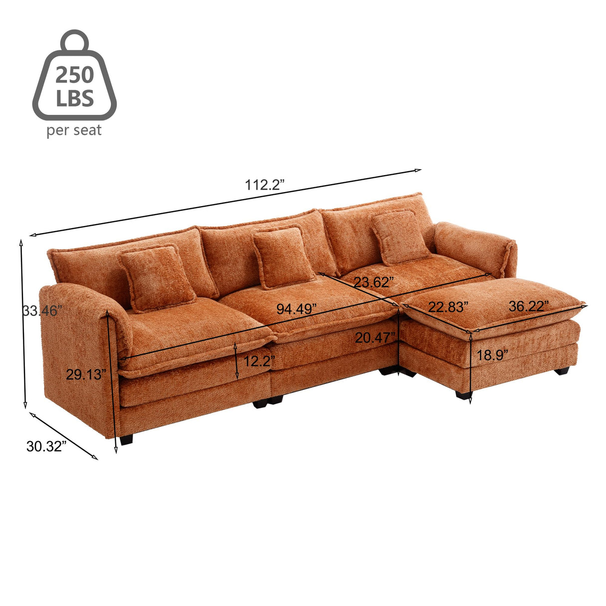 GNIXUU 112" Oversized Sectional Sofa Cloud Couch for Living Room, Modern Chenille L Shaped Couch, Comfy Boucle Modular Sofa Sleeper with Moveable Ottoman & Memory Foam(Orange) GNIXUU