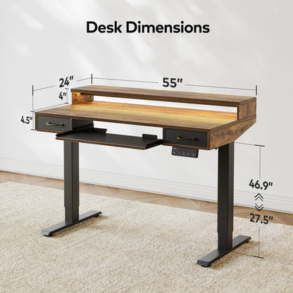 FEZIBO 55 x 24 Inch Height Adjustable Electric Standing Desk with Double Drawers&Keyboard Tray, Stand Up Desk with LED Strips, Sit Stand Desk with Monitor Stand, Rustic Brown - WoodArtSupply