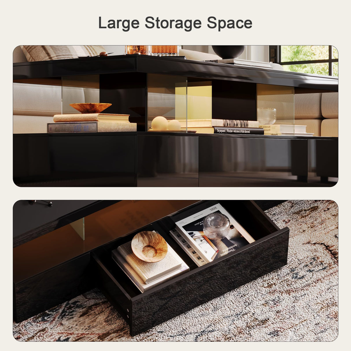 ChooChoo Modern LED Coffee Table, High Glossy Coffee Table with Drawer, Black Coffee Table with Storage for Living Room, Bedroom ChooChoo