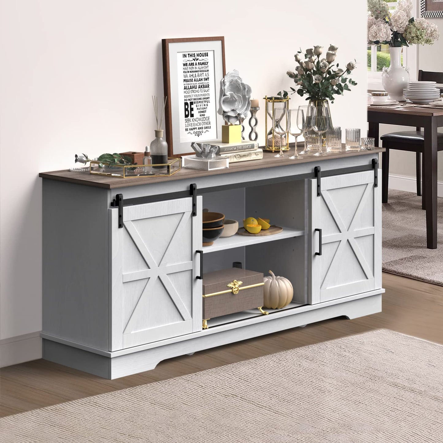 YITAHOME 60" Farmhouse Sliding Barn Door Buffet Cabinet - Multifunctional Coffee Bar & TV Stand in Grey Wash - WoodArtSupply