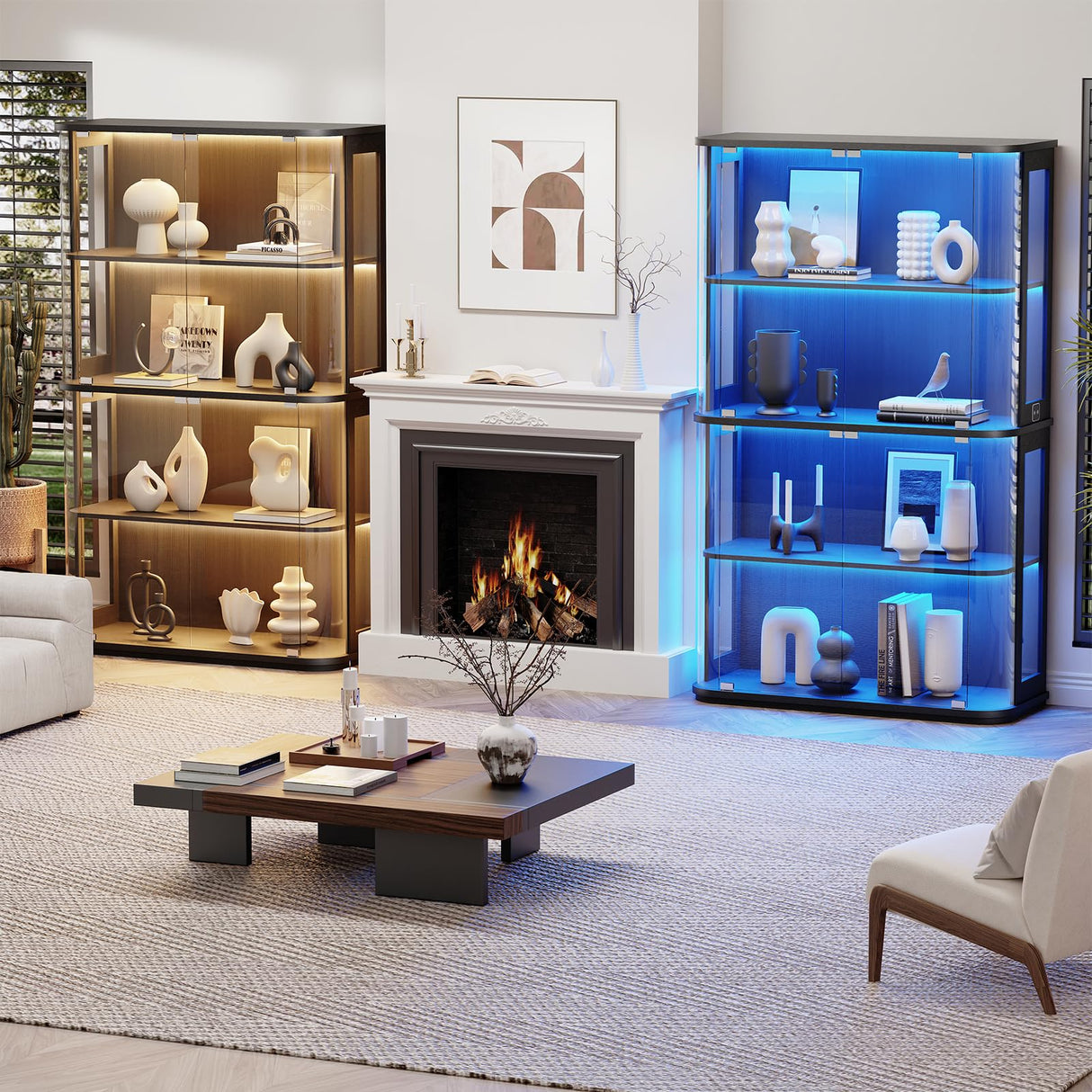 BROTTAR Large Rounded Display Cabinet with Glass Door, 4-Tier Curio Cabinet with 3 Color Lights for Collectibles, Glass Display Case with Transparent Full-Display Surface, Human Body Sensor, Black BROTTAR