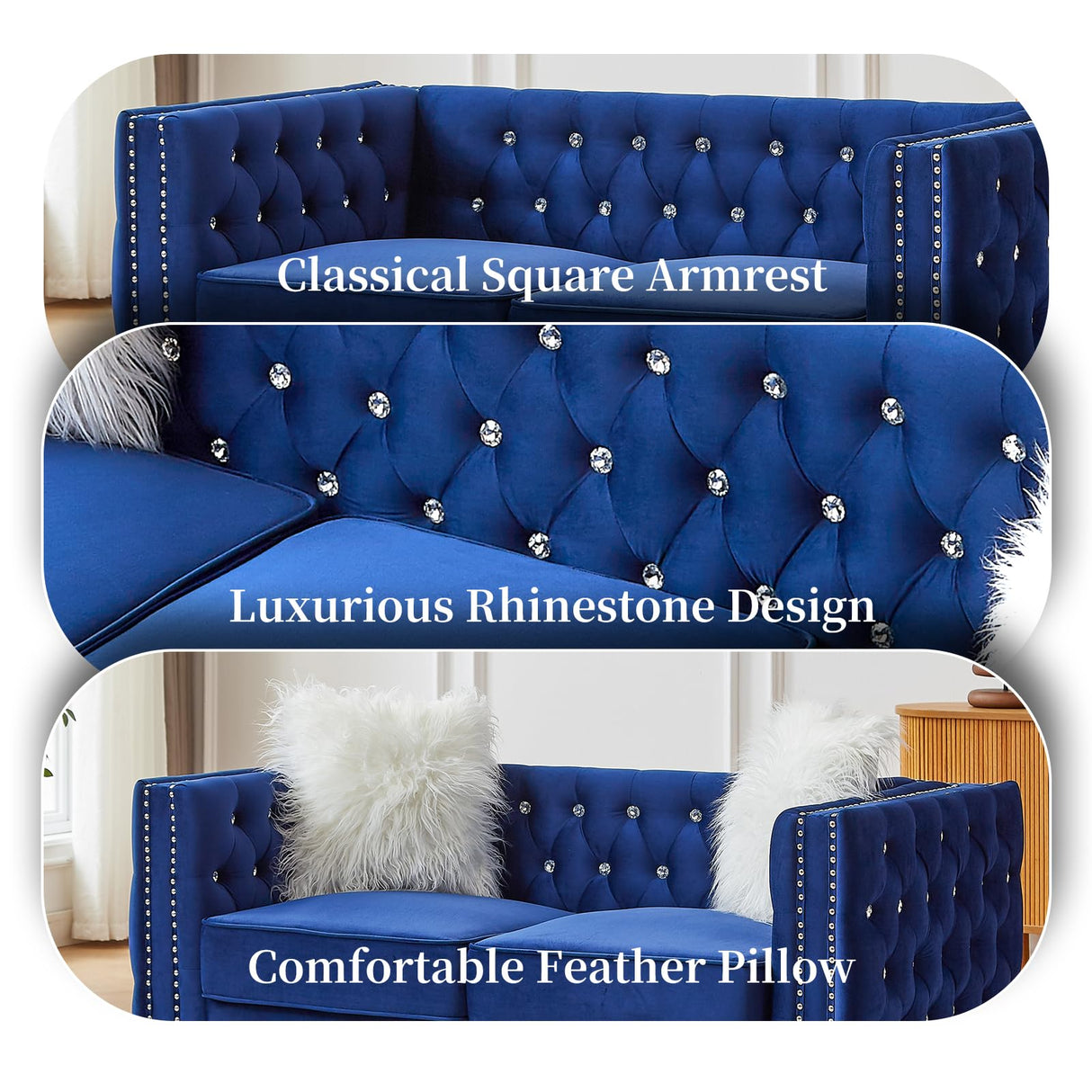 Homies Life 60" Chesterfield Sofa, Velvet Mid-Century Modern Upholstered Loveseat Sofa with 2 Throw Pillows and Acrylic Legs, Nailhead Button Tufted Vintage Couch for Living Room, Apartment, Blue Homies Life