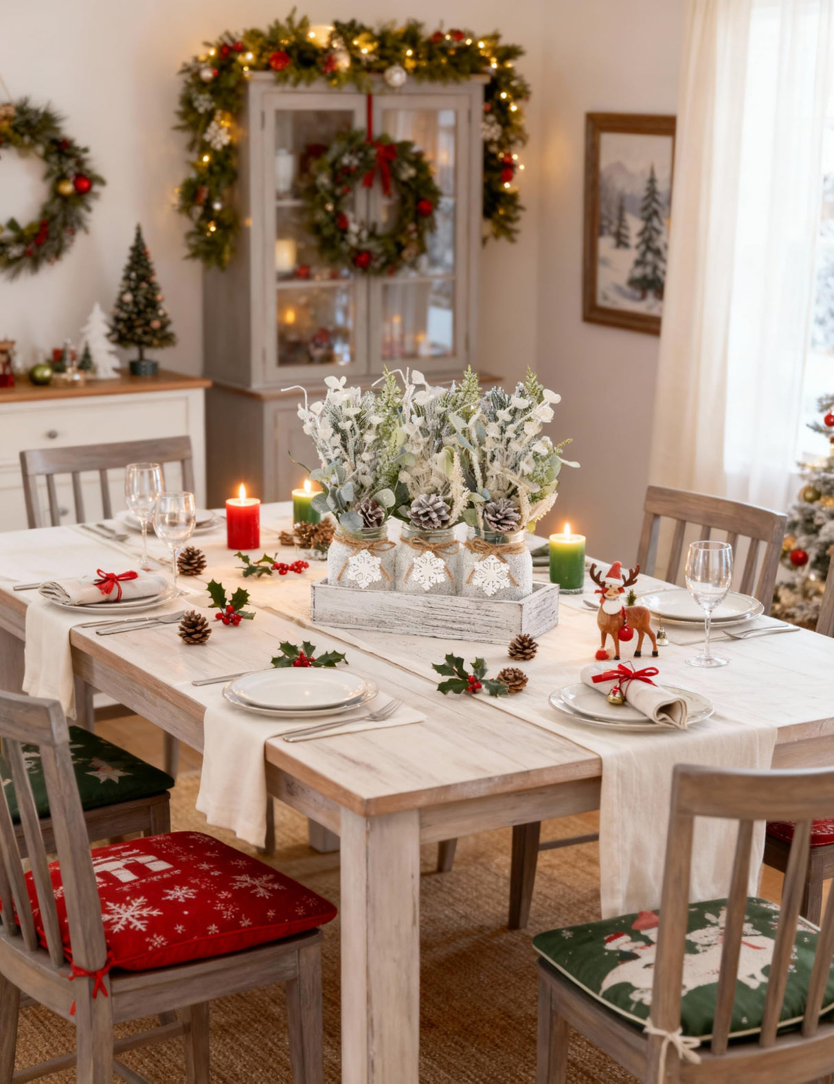 KIVIVO Winter Centerpieces for Tables, Table Decor with Mason Jar, Flowers Picks, Farmhouse Wood Tray, Snowflake Sign, 22 Pcs Christmas Winter White Wonderland Table Decorations Centerpieces for Home KIVIVO