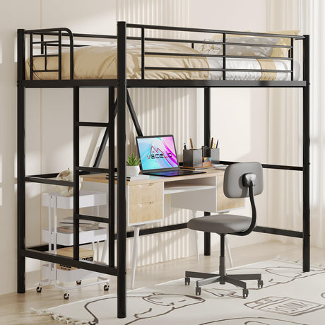 VECELO Loft Bed Twin Size, Metal Bedframe with Removable Ladder and Safety Guardrail, No Box Spring Needed, Space Saving, Noise Free, Matte Black VECELO
