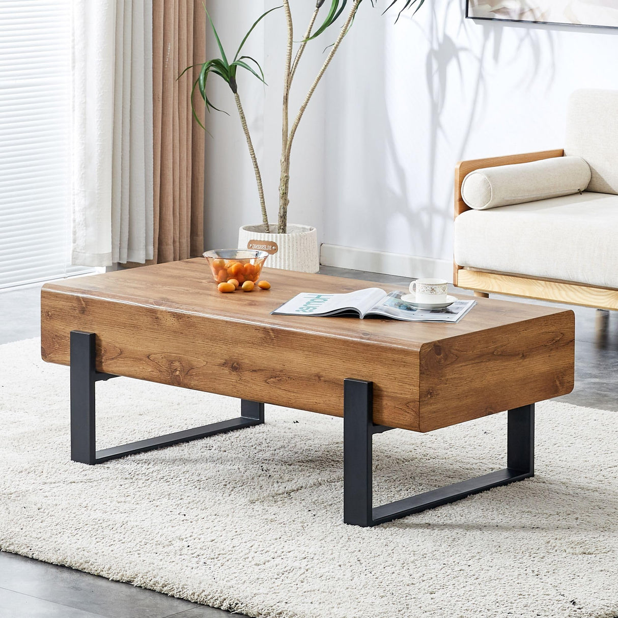TesNus Rectangle Rustic Coffee Table, Modern Farmhouse Wood Simple Coffee Table with Metal Legs, Center Table for Living Room TesNus