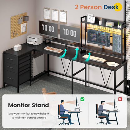 UPOSOJA U Shaped Gaming Desk with Hutch, 98.4in Reversible L Shaped Computer Desk with Power Outlets, Home Office Desk LED Light, Monitor Stand 3 Drawers Shelves 6 Hooks(Texture Black)