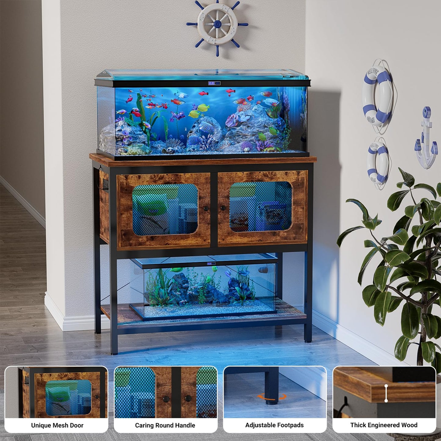 Hyomdeck 40 Gallon Fish Tank Stand with Magic Power Outlets and Smart LED Lights, Aquarium Stand with Storage Cabinet, Reptile Tank Stand with Unique Grid Door Design, Heavy Duty Metal Frame, - WoodArtSupply