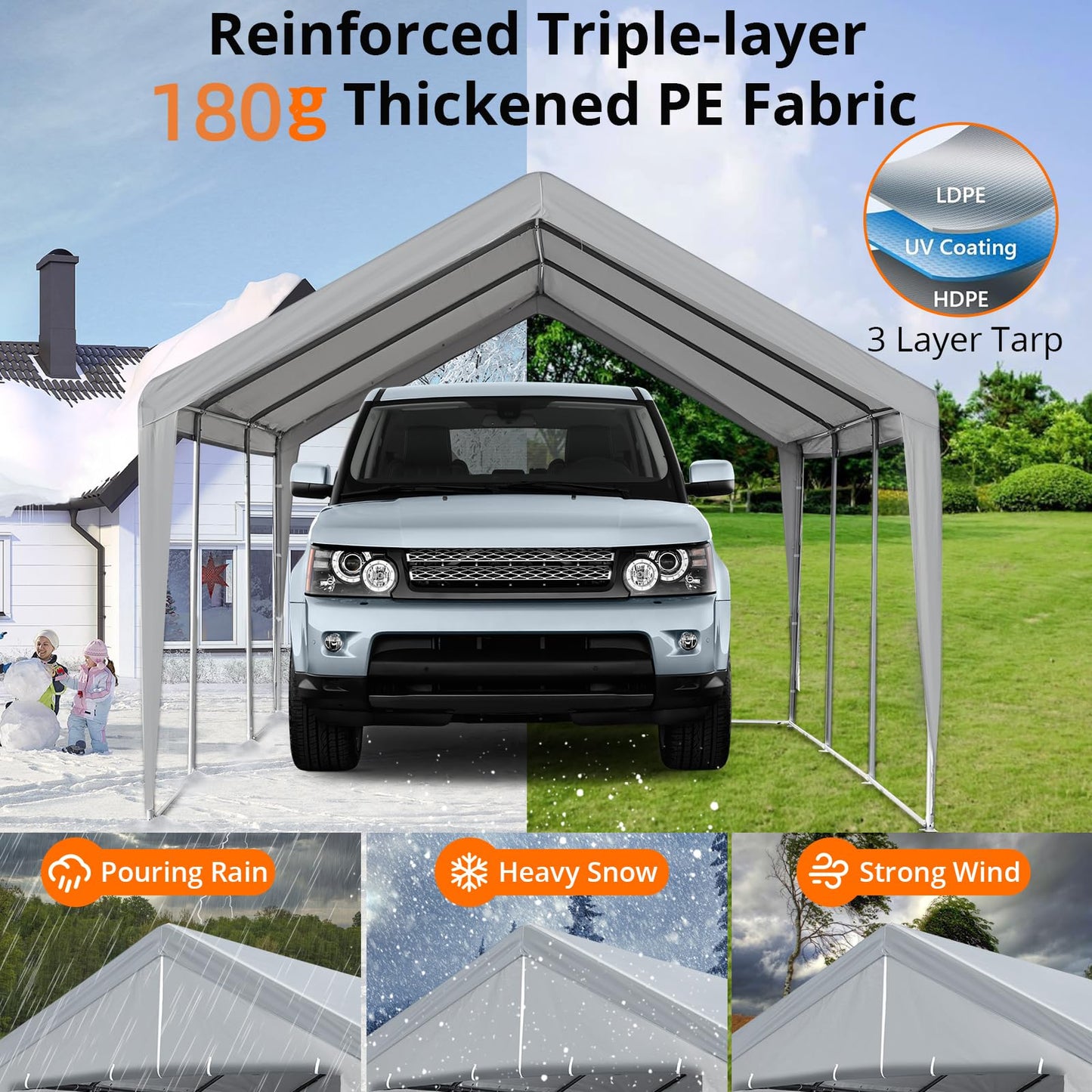 ACONEE Carport 13×20 FT Portable Garage, Heavy Duty Garage Car Port Canopy with Roll-up Doors & Removable Sidewalls, Garage Boat Shelter Tent, 180g PE Waterproof Canopy for Pickup Truck, Grey - WoodArtSupply