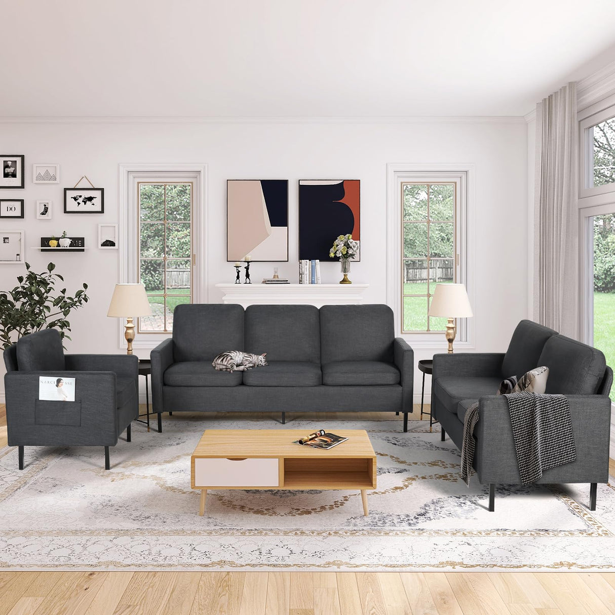 STHOUYN 3 Piece Living Room Furniture Sets, 3 Seat Couch and Loveseat with 2 USB, Single Sofa Accent Chair, Modern Small Couches for Small Spaces, Bedroom, Apartment (Dark Grey) STHOUYN