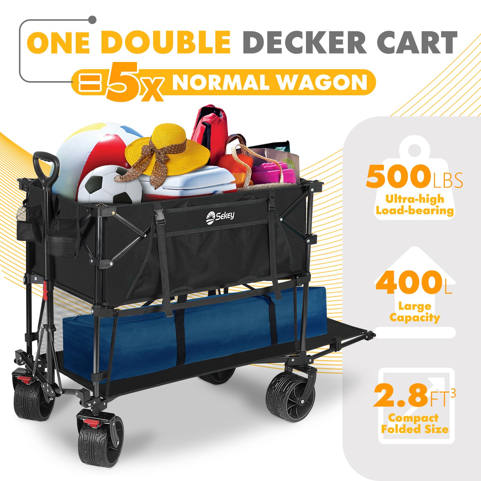 Sekey 400L Double Decker Beach Wagon 50''L Extra-Long Extended Shelf, Collapsible Wagon Cart with 500lbs Capacity, Heavy Duty Folding Wagon All-Terrain Wheels for Camping, Sports, Garden.Blac - WoodArtSupply