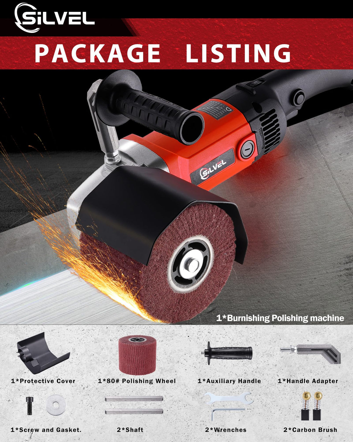 SILVEL 1400W Burnishing Polishing Machine, 110V Handheld Electric Sander Polisher Kit, Stainless Steel Polisher with 6 Speed Adjustable, 500-3000RMP for for Metal, Stainless Steel, Plastic, Wood SILVEL