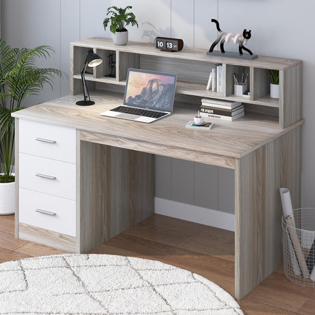 MaverickFurni Walnut and White Desk with 3 Drawers, Small Desk with Storage, Study Desk with Hutch, Kids Desk with Drawers, Wooden Computer Desk for Bedroom MaverickFurni