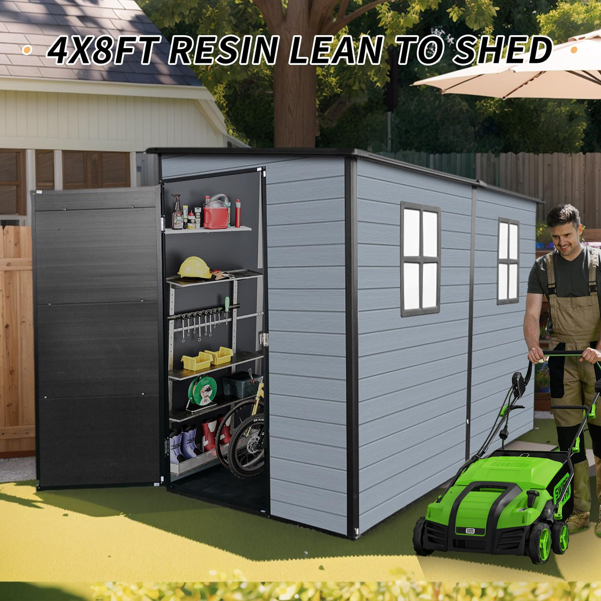 LANTRO JS 4x8FT Plastic Storage Shed with Floor, Outdoor Storage Shed with Floor Included, with 2 Windows and Lockable Door, Backyard Storage Sheds for Garden Tools, Bike, Gray and Black LANTRO JS