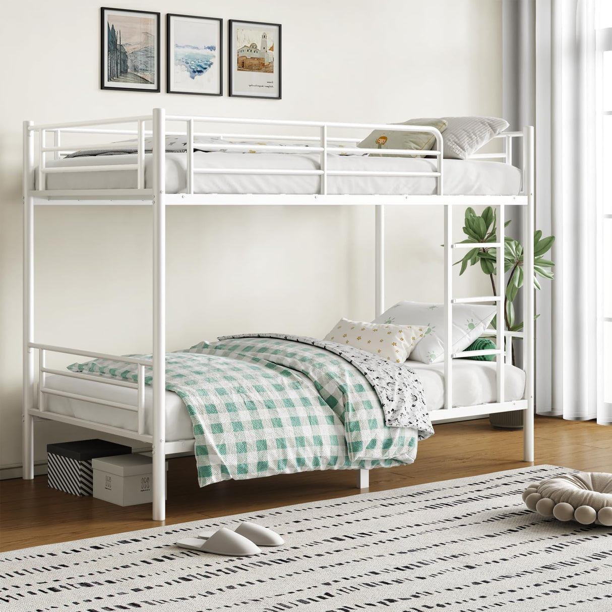 QUJEON Bunk Bed,Twin Over Twin Bunk Beds for Kids Teens Adults,Heavy Duty Metal Slats Bed Frame with Ladders and Guardrail,400 lbs Capacity,No Spring Box Required,White QUJEON