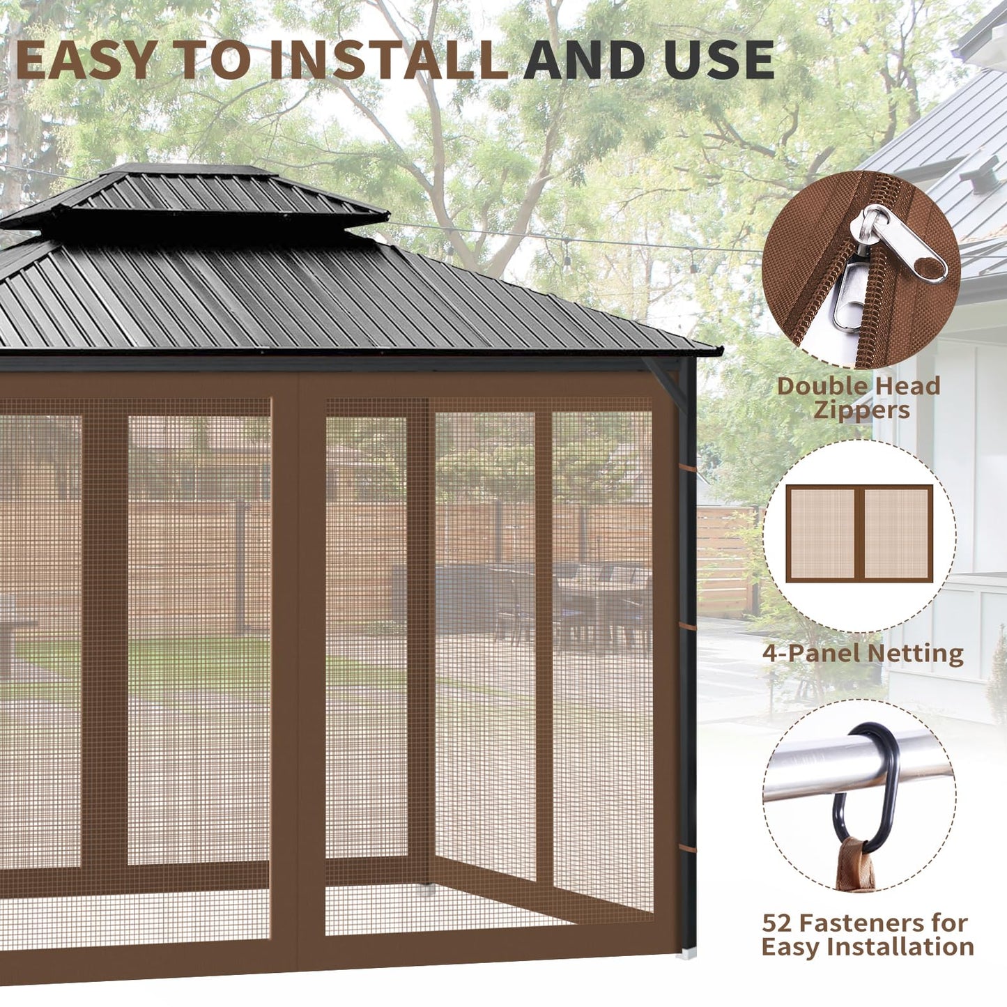 Gazebo Universal Replacement Mosquito Netting, 10' x 12' Outdoor Canopy Net Screen 4-Panel Sidewall Gazebo Curtains, with Zippers, Easy to Install, Fit for Most Gazebo 10x12 Canopy，Patio （Brown）