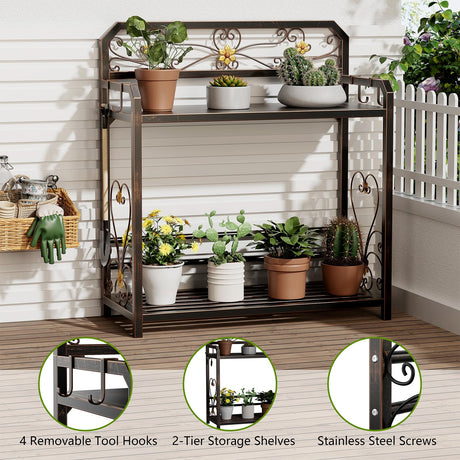 EHONXI Potting Bench, Outdoor Potting Table with 4 Side Hooks, All-Weather Gardening Table Work Station, Outside Garden Workbench, 505lbs Capacity, 18" D x 39" W x 44" H, Distressed Vintage Black EHONXI