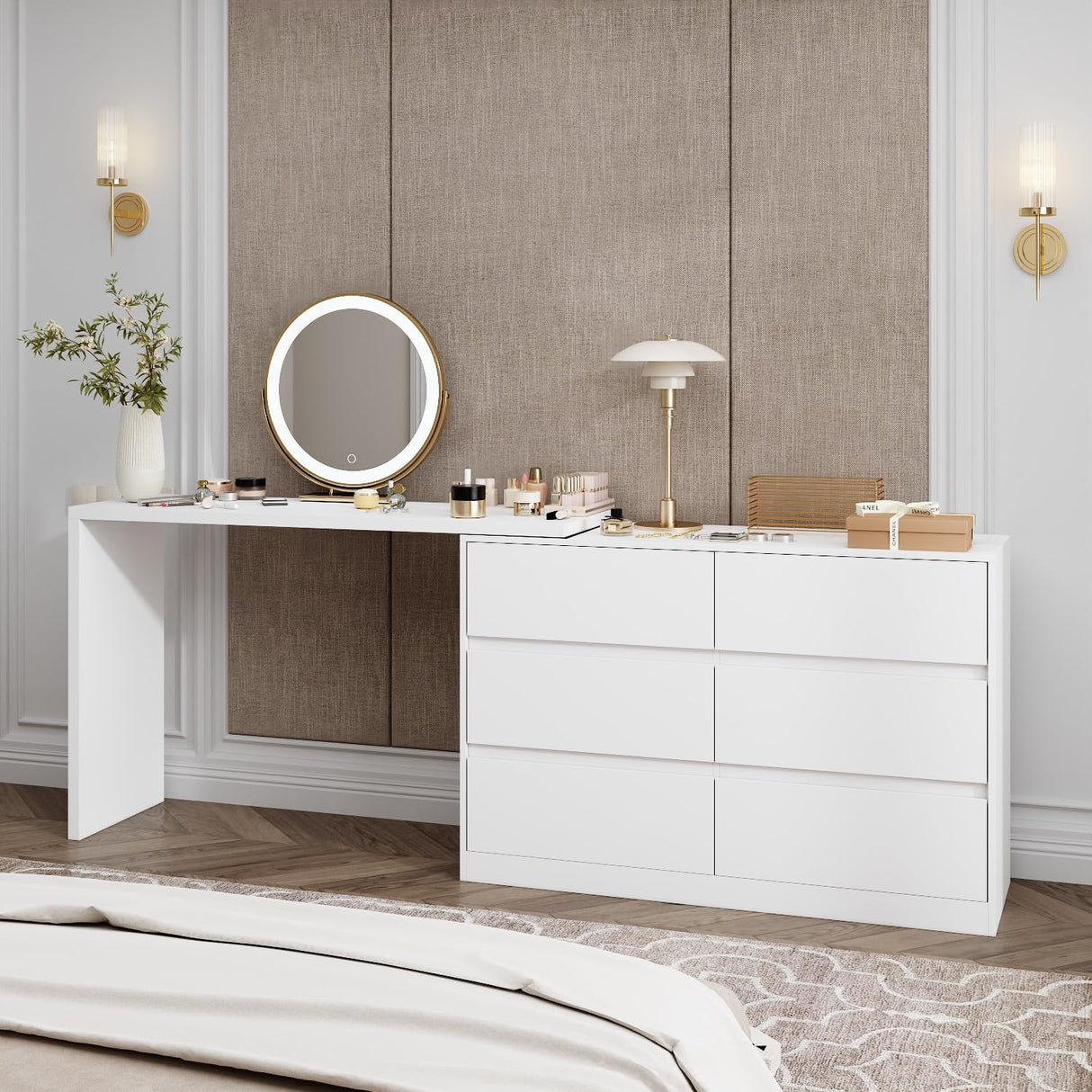 ROMSHINE 6 Drawer Dresser with Rotatable Tabletop, Modern Chest of Drawers with Extendable Desk (No More Than 98" W), Drawer Organizer for Bedroom Home Office, White Dresser ROMSHINE