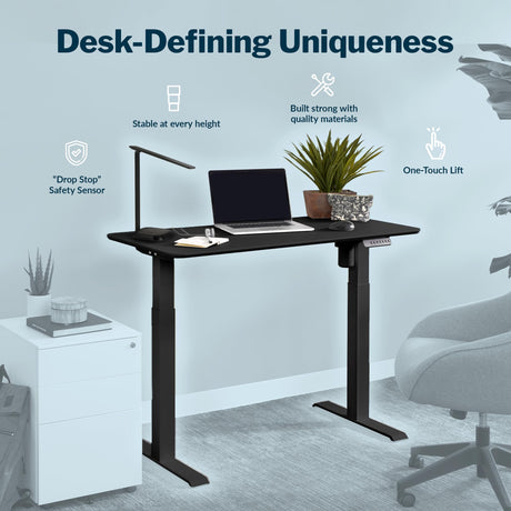 Vari Essential Height Adjustable Electric Standing Desk - Home Office Standing Desk with VariDesk Sturdy T-Legs - Quiet Motorized Standing Desk - 48x24 Inch Small Standing Desk - Black, 1 Box Vari