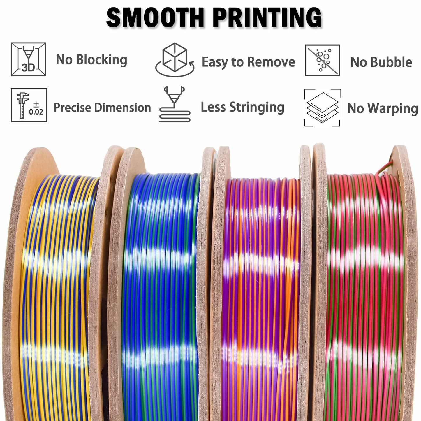 PLA Filament 1.75mm, Tri-Colors 3D Printer Filament, Rainbow PLA Filament Bundle, Coextrusion 3D Filament with Silk PLA Color Change, 3D Printing Filament +/-0.02mm, 200g X 4 Spool - WoodArtSupply