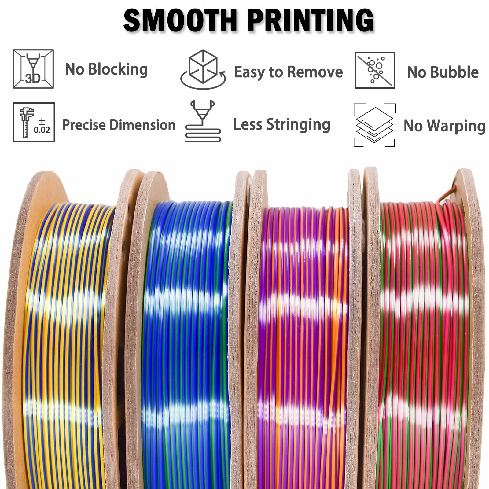 PLA Filament 1.75mm, Tri-Colors 3D Printer Filament, Rainbow PLA Filament Bundle, Coextrusion 3D Filament with Silk PLA Color Change, 3D Printing Filament +/-0.02mm, 200g X 4 Spool - WoodArtSupply