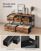 SONGMICS Dresser for Bedroom, Chest of Drawers, TV Stand, Steel, MDF, 5 Non-Woven Fabric Drawers, Storage Organizer Unit, Closet, Entryway, Rustic Brown and Ink Black ULGS322B02S SONGMICS