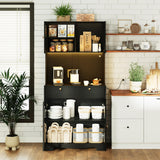 71" Black Kitchen Pantry Storage Cabinet with Lights and Charging Station, Tall Hutch Cabinet with Storage and Microwave Shelf for Dining Room spanspace
