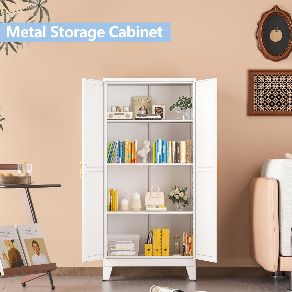 RISTERN White Metal Storage Cabinet, 48" Steel Cabinets for Home Office, Kitchen Pantry Storage Cabinet with Doors and 3 Adjustable Shelves, for Office, Home, Garage, School RISTERN