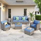 ovios Patio Furniture Set, 6 Piece Outdoor Wicker Sofa with Swivel Rocking Chairs and Comfy Cushions, High Back Rattan Couch Conversation Set, Denim Blue ovios