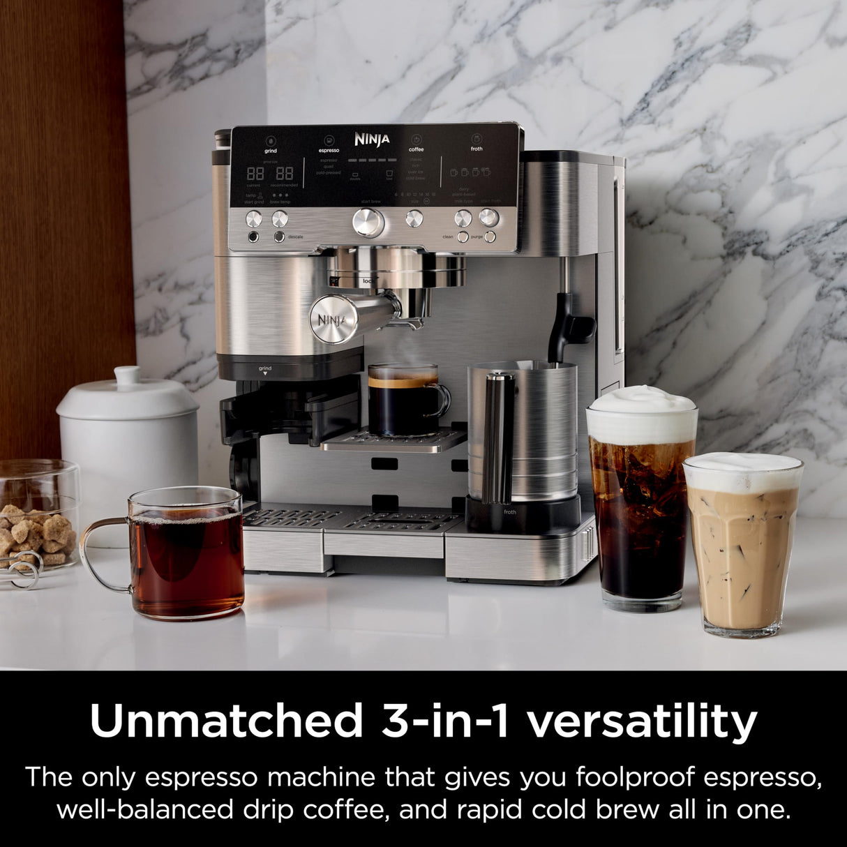 Ninja Espresso Machine, Luxe Café Premier Series, Drip Coffee Maker and Rapid Cold Brew, Integrated Grinder, Assisted Tamper, Hands-Free Frother, for Cappuccinos and Lattes, Dairy or Non-Dairy, ES601 Ninja