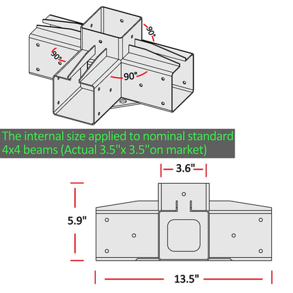 Antsky 2 Pack Stainless Steel 4-Way Right Angle Corner Bracket with Screws for 4×4(Actual Size: 3.5×3.5inch) Wood Beams, Pergola/Gazebo Kit