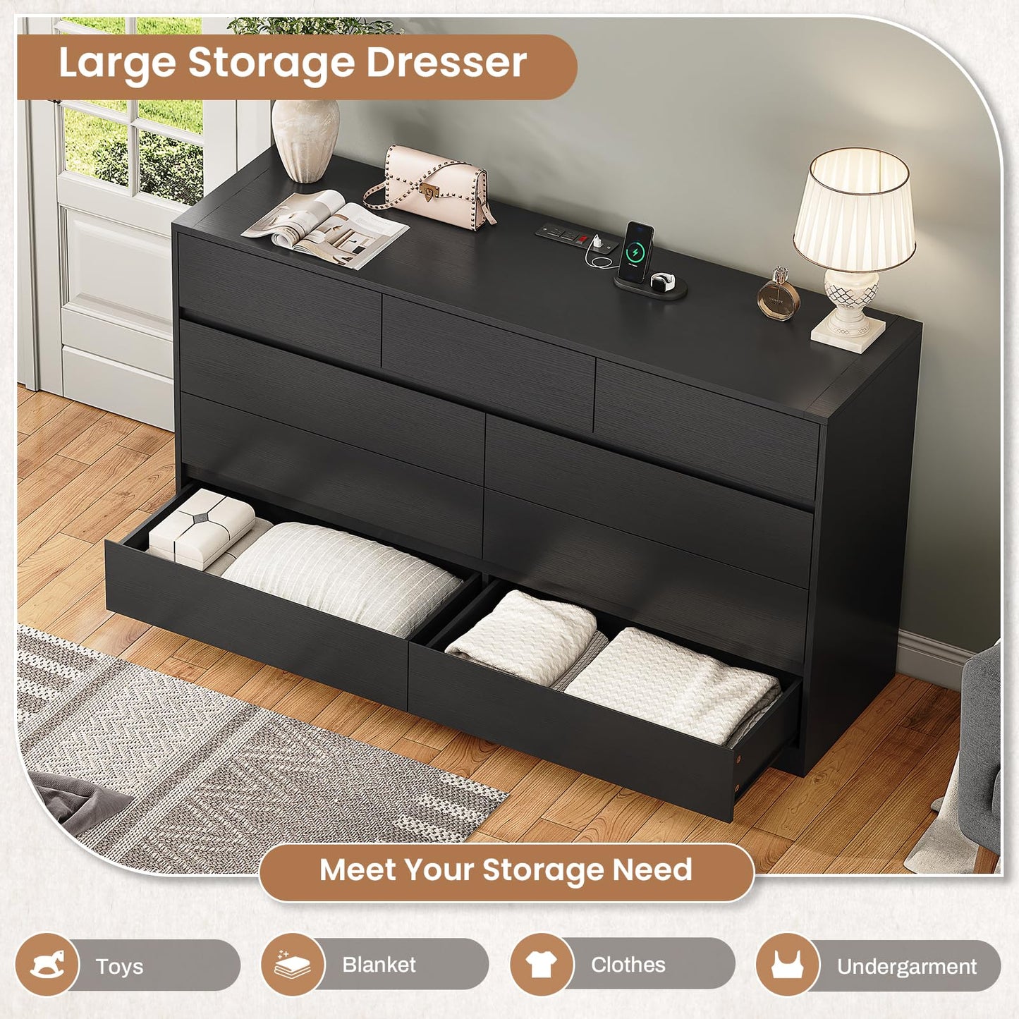 AOGLLATI Black Dresser for Bedroom, 55.1" Long Dresser with 9 Drawers, Dressers & Chest of Drawers with Charging Station Handle Free, Large Wooden Wide 9 Drawer Dresser for Bedroom Living Room,Black