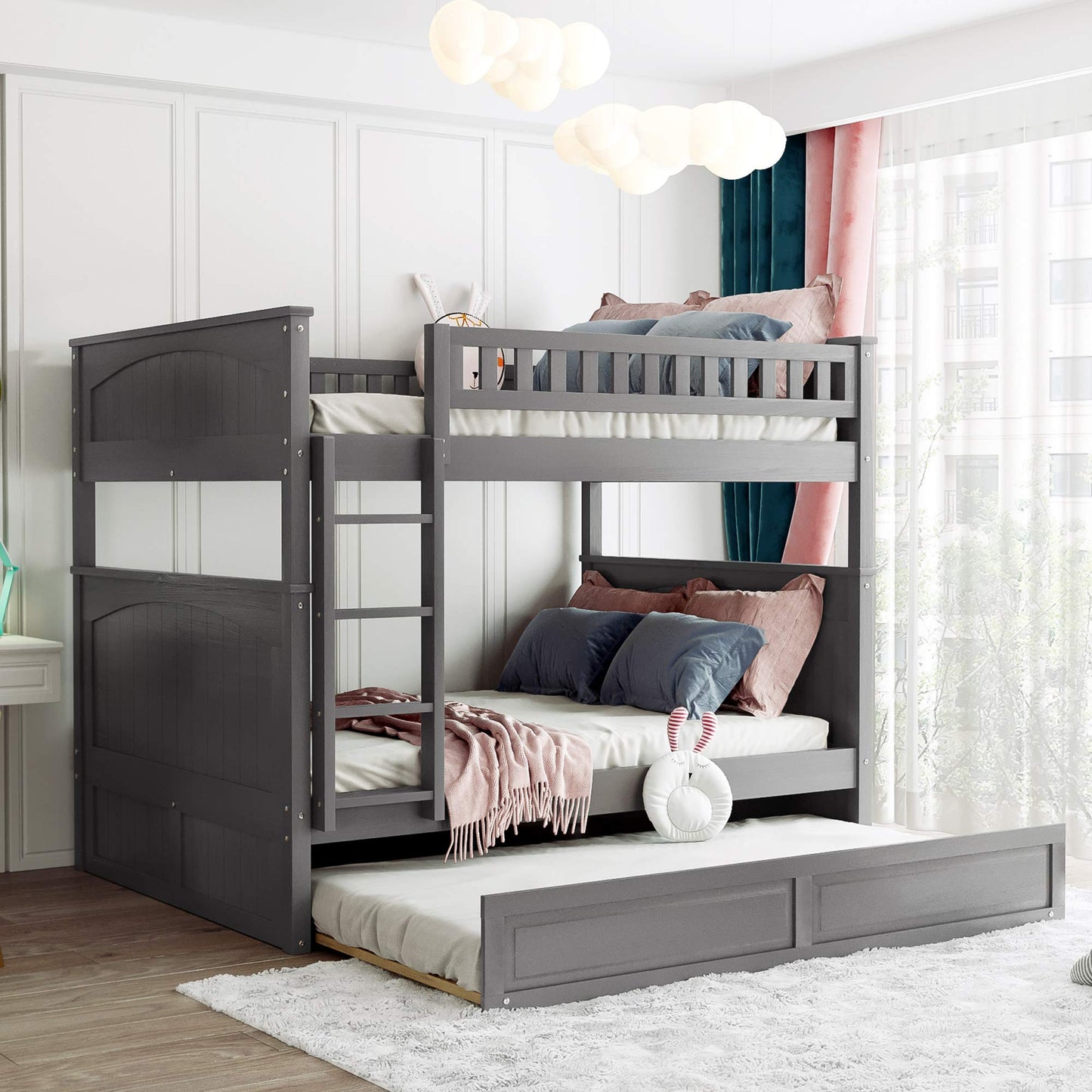 SOFTSEA Full Over Full Bunk Bed with Trundle Bedroom Furniture Solid Wood Bunk Beds Frame, Divided Into Two Separate Full Beds, Gray