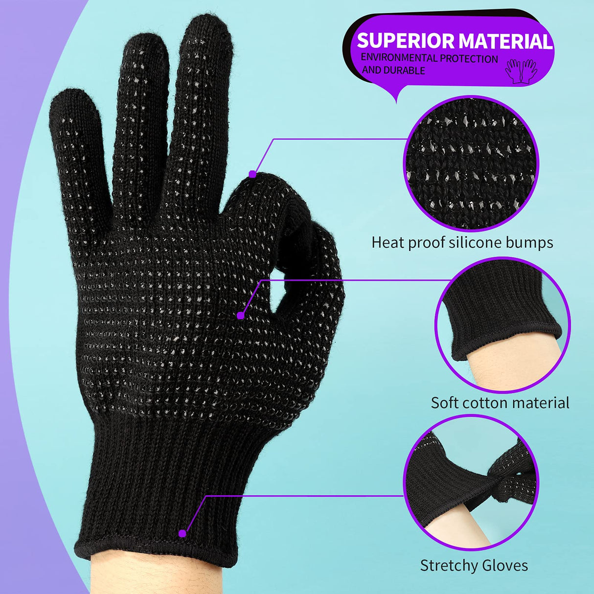 Teenitor Heat Resistant Glove With Silicone Bumps for Hair Iron Tool, Professional Heat Press Gloves, Hair Styling Protectant, Sublimation Black Teenitor