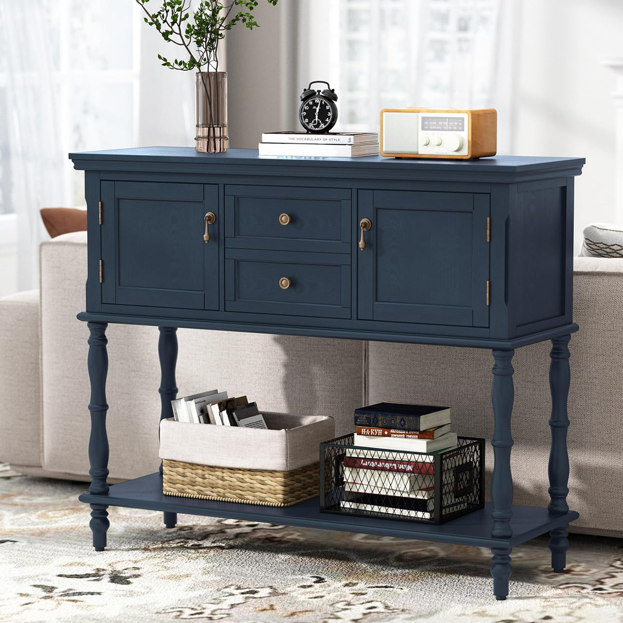 ARTPOWER Console Table with 2 Door, Open Storage Shelf and Retro Entryway Table with 2 Drawers Cabinets, Accent Table, Behind Couch Table for Living Room, Foyer and Hallway, Blue ARTPOWER