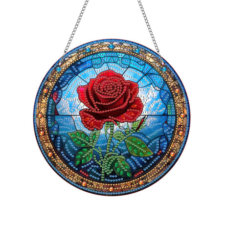 Kaliosy Sun Catcher Red Rose Window Hanging Ornament Diamond Art Ornament - Diamond Painting Flower Acrylic Ornament, Outdoor Porch Spring Decor, Front Door Sign Wall Art for Home Garden 8x8 inch Kaliosy