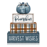 Britimes 4 Pcs Blue Pumpkins Fall Decor Wooden Tiered Tray Sign, Farmhouse Rustic Autumn Pumpkin Decorations Stack Block Set Harvest Wishes Table Centerpieces for Home Kitchen Shelf Britimes