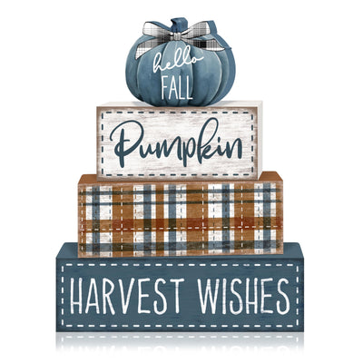 Britimes 4 Pcs Blue Pumpkins Fall Decor Wooden Tiered Tray Sign, Farmhouse Rustic Autumn Pumpkin Decorations Stack Block Set Harvest Wishes Table Centerpieces for Home Kitchen Shelf